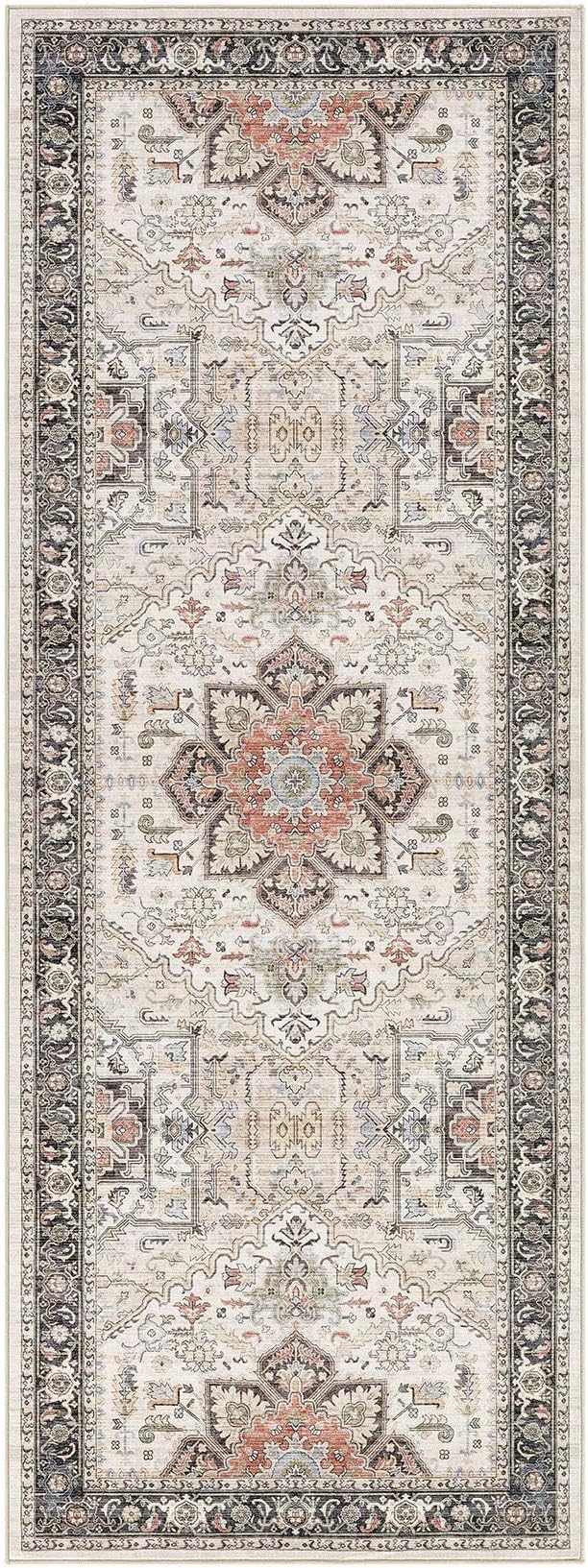 Area Rug for Living Room - 3x8 Large Soft Washable Oriental Vintage Floral Carpet Safe for Babies & Pets - Fade Stain Resistant Non Slip Rugs for Bedroom Dining Room Nursery Dorm Office Home Decor