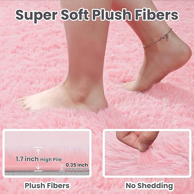 2x6 Bedside Area Rugs for Bedroom: Soft Fluffy Shag Pink Rug for Hallway, Non-Slip Fuzzy Plush Living Room Rug Indoor Floor Carpet for Kids Rooms, Dorm, Nursery, Modern Home Aesthetic Decor