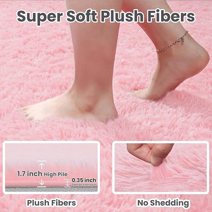 2x6 Bedside Area Rugs for Bedroom: Soft Fluffy Shag Pink Rug for Hallway, Non-Slip Fuzzy Plush Living Room Rug Indoor Floor Carpet for Kids Rooms, Dorm, Nursery, Modern Home Aesthetic Decor