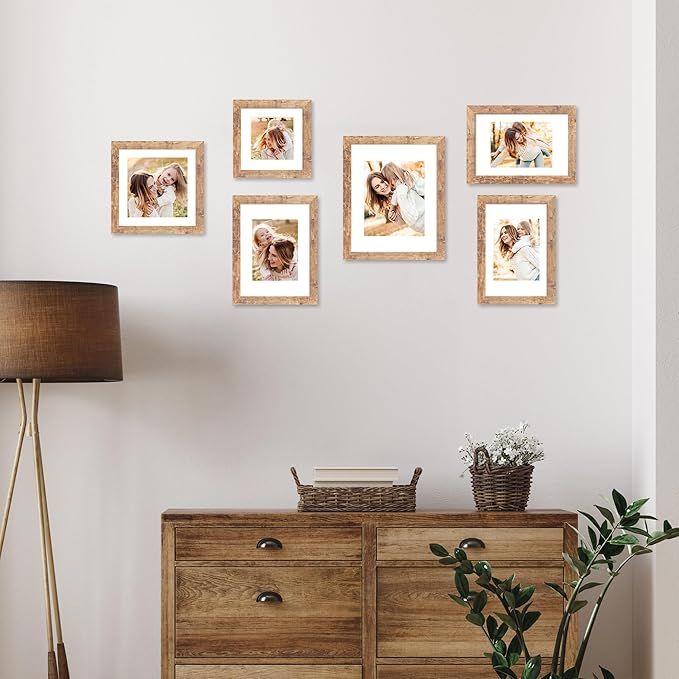 iRahmen 9x12 Picture Frame Set of 2, Rustic Brown Wood Frame with Tempered Glass, Display Pictures 6x8 with Mat or 9 x 12 without Mat for Horizontal or Vertical Tabletop and Wall Mounting