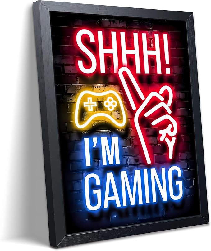 Framed Funny Gamer Wall Art, Boys Game Room Wall Decor, Shhh I’m Gaming Neon Canvas Print Painting, Colorful LED Style Gaming Room Decor Oil Painting for Kids Teens Bedroom 8x10 Inch