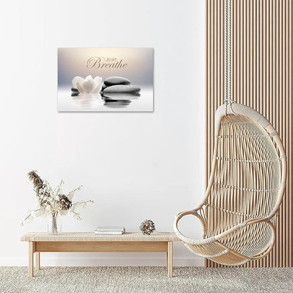 Zen Stone Canvas Wall Art Just Breathe Yoga Quotes Poster for Spa Decor White Lotus Flower Pictures Prints for Bathroom Modern Spiritual Artwork Framed (16 x 24inches)