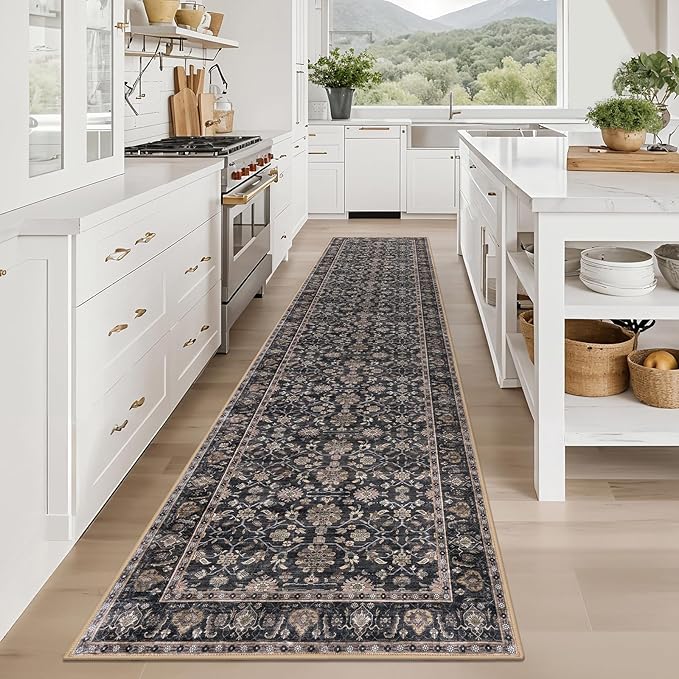 KUTA Vintage Long Runners for Hallways, 2.6x12 Brown Washable Non-Slip Kitchen Rugs Ultra Thin Soft Printed Distressed Oriental Floral Floor Carpet for Laundry Bedroom Living Room Nursery