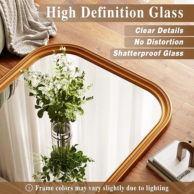 28"×69" Rounded Top Large Full Length Mirror, Arched Vintage Floor Stangding Body Mirror - PU Frame, Wall Mounted Hanging Leaning Antique Decor for Dressing Room, Entryway, Bedroom, Gold