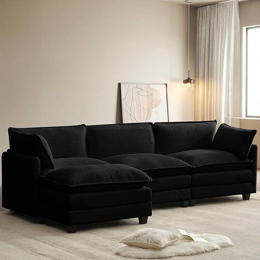 ROWHY 112'' Modular Sectional Cloud Couch with Movable Ottoman, 4 Seat Modern Chenille Sofa with 2 Throw Pillows, Deep Seat L Shaped Couch for Living Room Bedroom Apartment, Black | Arrange Freedom, Pet-Friendly Fabric, Sturdy Frame, Ultimate Comfort, ...