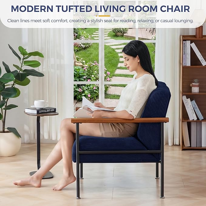 MAXYOYO Living Room Accent Chair, Modern Chair with Sturdy Metal Frame & Wood Armrests, Upholstered Reading Chair with Upholstered Cushion for Bedroom Balcony Porch, Navy