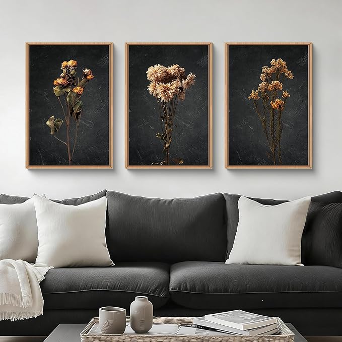 HOURIA Dark Moody Dried Floral Framed Canvas Wall Art Set,Vintage Mid Century Black Flower Wall Decor,Retro Boho Minimalist Wildflower Botanical Artwork for Living Room,Bedroom,Farmhouse- 24"x36"x3