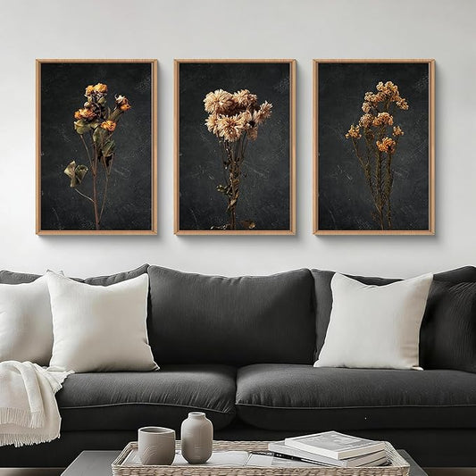 HOURIA Dark Moody Dried Floral Framed Canvas Wall Art Set,Vintage Mid Century Black Flower Wall Decor,Retro Boho Minimalist Wildflower Botanical Artwork for Living Room,Bedroom,Farmhouse- 24"x36"x3