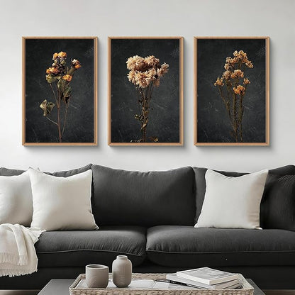 HOURIA Dark Moody Dried Floral Framed Canvas Wall Art Set,Vintage Mid Century Black Flower Wall Decor,Retro Boho Minimalist Wildflower Botanical Artwork for Living Room,Bedroom,Farmhouse- 16"x24"x3