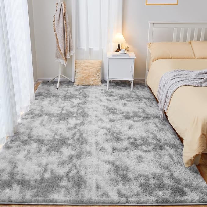 Puremy Ultra Soft Area Rugs for Living Room, 5x7 Tie-Dyed Light Grey Fluffy Plush Rugs for Bedroom, Non-Slip Floor Carpet for Nursery, Bedside, Playroom, Corridor, Indoor Decor