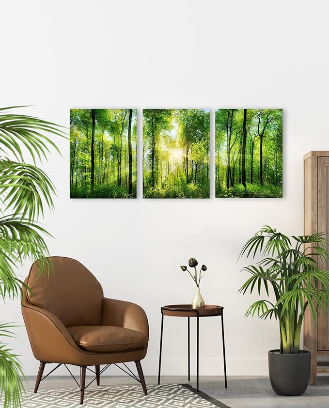 Forest Art Canvas Wall Decor: 3 Panel Nature Wall Art Landscape Paintings Framed Trees Green Pictures Sunrise Scenery Wall Decor for Living Room Bedroom Office Bathroom 12 x 16 Inch