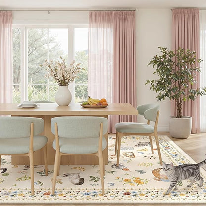 Soalmost Cat 9x12 Area Rugs for Living Room, Machine Washable Animal Floral Vintage Rug Non-Slip Low Pile Soft Throw Large Rugs for Classroom Bedroom Dining Room Nursery Playroom (9 x 12,Beige)