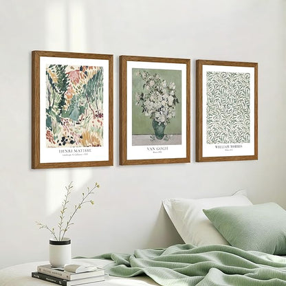 JLTULT 3 Piece Vintage Sage Green Canvas Wall Art, Van Gogh Matisse Wall Decor, Botanical Painting Artwork Prints for Living Room Bedroom Home Office 16X24 inch Wood Framed Easy to Hang