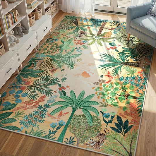 LIVEBOX Washable Jungle Animal Print 6 x 9 Area Rug for Dining Room, Non-Skid Yellow Kids Carpet Playmat Rug for Play Room, Soft Nursery Rugs for Girl Dorm, Kids Rugs for Bedroom Boys