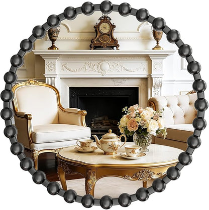 Round Vanity Mirror with Beaded Frame, 28 Inch Circle Wall Mirror for Bedroom Dresser, Entryway, Bathroom, Living Room, Decorative Hanging Wall Mirror, Black