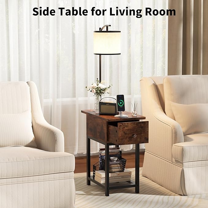 runjuly Floor Lamp with Table, Side Table with Lamp Attached, Narrow End Table with LED Lights and Charging Station, Nightstand with Wood Drawer for Living Room, Bedroom, Rustic Brown