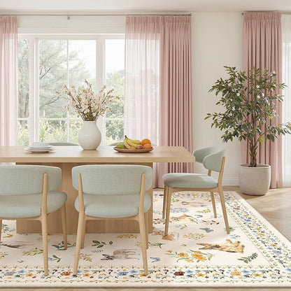 Soalmost Dog 9x12 Area Rugs for Living Room, Machine Washable Animal Floral Vintage Rug Non-Slip Low Pile Soft Throw Large Rugs for Classroom Bedroom Dining Room Nursery Playroom (9 x 12,Beige)