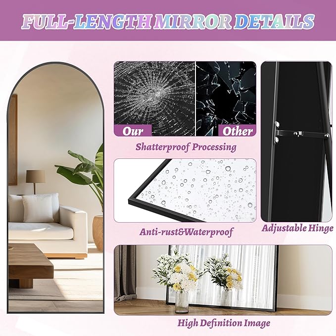 46"×90" Arched Full Length Floor Mirror, Standing Mirror with Aluminum Frame, Large Body Mirror of Free Standing/Wall Mount/Leaning for Bedroom, Living Room, Dressing Room, Black