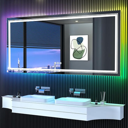 Snowdool LED Mirror for Bathroom, 77"X36" with 8 RGB Backlit +3 Front Lit (Adjustable Individually), Anti-Fog, Large Lighted Bathroom Vanity Mirror for Wall,Shatterproof,Memory Function,Tempered Glass