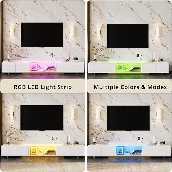 LIKIMIO Extendable TV Stand for 65-90 Inches TVs, Adjustable Length 63''-94.5'', Modern White Entertainment Center with Storage Cabinets, Charging Station & LED Lights, Media Console for Living Room
