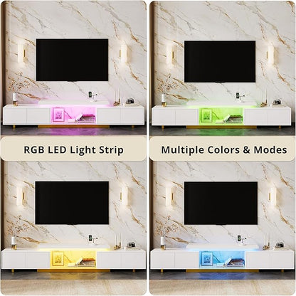 LIKIMIO Extendable TV Stand for 65-90 Inches TVs, Adjustable Length 63''-94.5'', Modern White Entertainment Center with Storage Cabinets, Charging Station & LED Lights, Media Console for Living Room