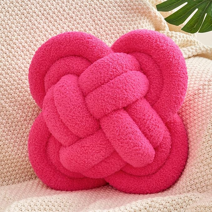 Knot Pillow, 12" Soft Decorative Throw Pillows for Couch Bed, Gray Pink Knotted Plush Throw Pillow Handmade Square Cushion Home Decor Pillows (Rose Red, 12 Inches X12 Inches)