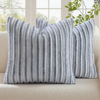 decorUhome Cozy Faux Fur Throw Pillow Covers 24x24 Set of 2 Decorative Soft Plush Striped Modern Farmhouse Boho Couch Euro Sham Pillow Cases with Velvet Back for Sofa Bed Living Room, Grey White