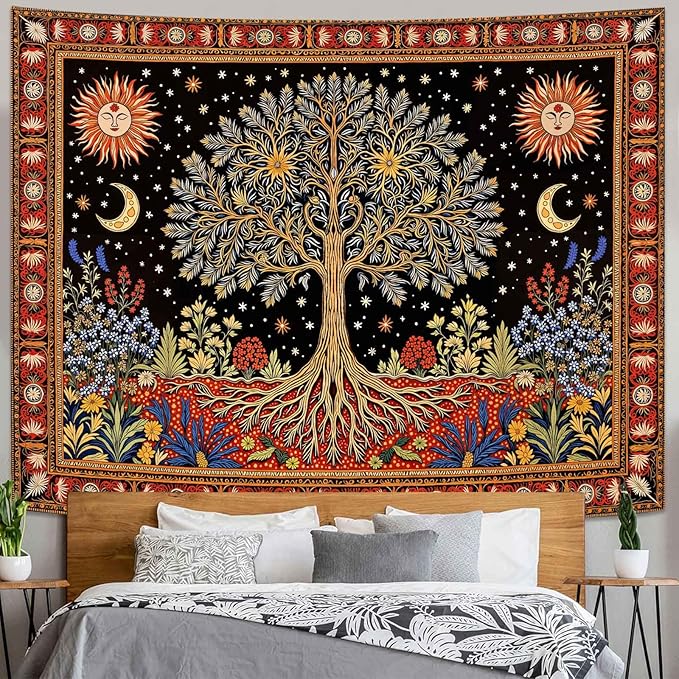 Lunerfex Tree of Life Wall Tapestry - Celestial Sun & Moon Wall Hanging for Bedroom and Living Room Decor - Boho Starry Night Tapestries 90"x70"