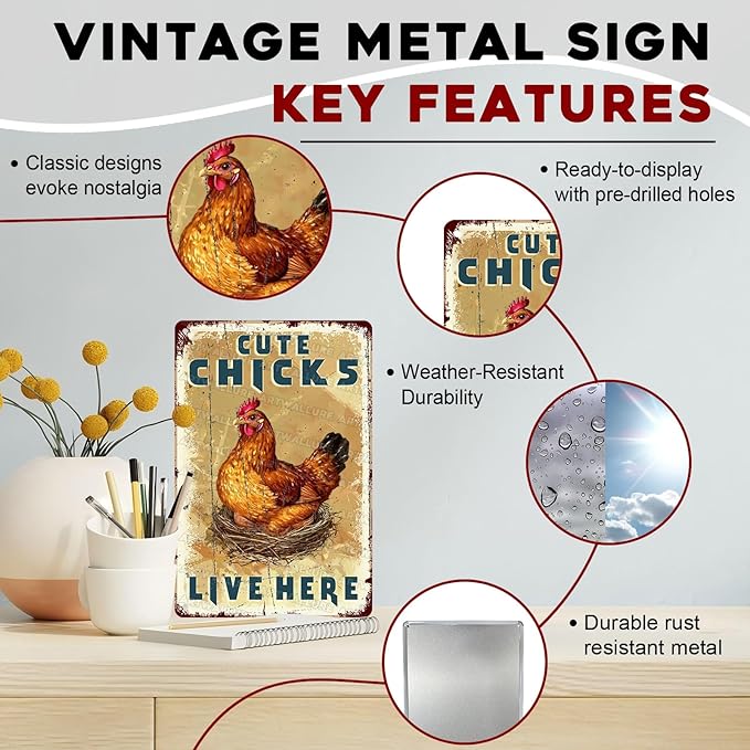 Funny Chicken Coop Sign “Cute Chicks Live Here” - Vintage Tin Metal Wall Decor for Farm, Garden, Hen House, Yard 8x12 Inch