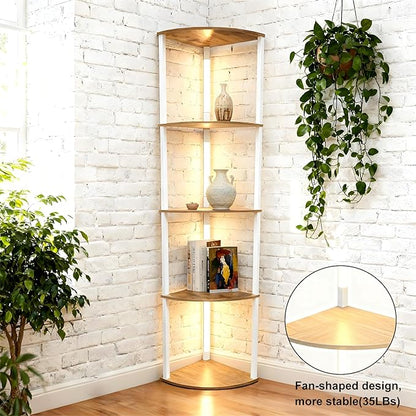 Lightdot Corner Floor Lamps with Shelves, 64Inch 5-Tier Storage Shelf Lamp with Integrated LED Posts/Walnut Shelf/White Frame, White Display Floor Lamp for Living Room/Bedroom/Sofa Beside/Corner Decor