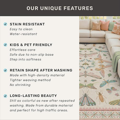 Hazo Haus Floral Pink Rugs for Bedroom Girls 6x9 - Insect Print Cute Girly Rug for Living Room, Dining Room Under Kitchen Table, Washable Low Pile Vintage Bug Art Nouveau Home Decor