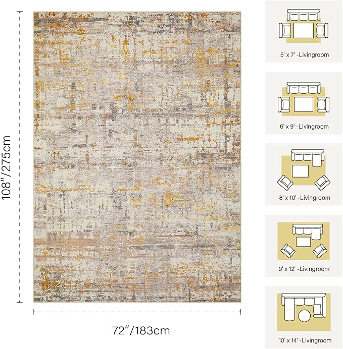 Rugxara 6x9 Washable Area Rug for Living Room, Modern Abstract Large Boho Rugs for Office, Dining Room, Kids Room, Farmhouse, Durable Low Pile Non Slip Carpet for High Traffic Areas, Gold Beige