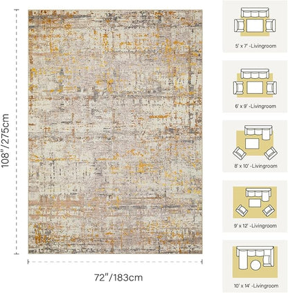Rugxara 6x9 Washable Area Rug for Living Room, Modern Abstract Large Boho Rugs for Office, Dining Room, Kids Room, Farmhouse, Durable Low Pile Non Slip Carpet for High Traffic Areas, Gold Beige