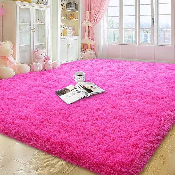 qulint Hot Pink Area Rug for Living Room, 6x9 Area Rug Soft Shag Fluffy Rug for Bedroom, Fuzzy Plush Alfombras para Salas Modernas Shaggy Large Carpet for Office Home Decor (6ft x 9ft, Hot Pink)