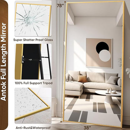 Antok Full Length Mirror, 78"x38" Oversized Floor Mirror Freestanding, Full Body Floor Standing Mirror with Stand, Hanging Mounted for Living Room Cloakroom,Gold,Rect Style