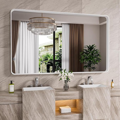 JISOSO White Bathroom Mirror 60x30 Inch, White Metal Framed Bathroom Mirror for Wall, Rounded Rectangle Matte Bathroom Vanity Mirror, Tempered Glass, Anti-Rust, Horizontal/Vertical