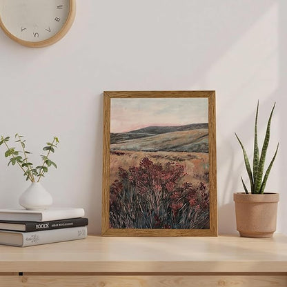 JLTULT Framed Vintage Landscape Canvas Wall Art, Maroon Flower Scenery Paintings Wall Decor, Maroon Dark Wildflower Picture Art Prints for Living Room Bedroom Office Decoration 8x10 inch Easy to Hang