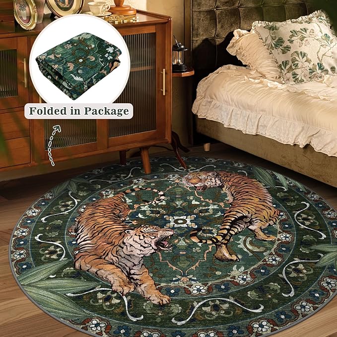 Round Tiger Area Rugs for Living Room 5ft, Boho Green Animal Print Bedroom Circle Rugs Non Slip, Washable Botanical Jungle Floor Carpet for Dining Room Entryway Nursery Playroom Office
