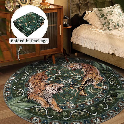 Round Tiger Area Rugs for Living Room 5ft, Boho Green Animal Print Bedroom Circle Rugs Non Slip, Washable Botanical Jungle Floor Carpet for Dining Room Entryway Nursery Playroom Office
