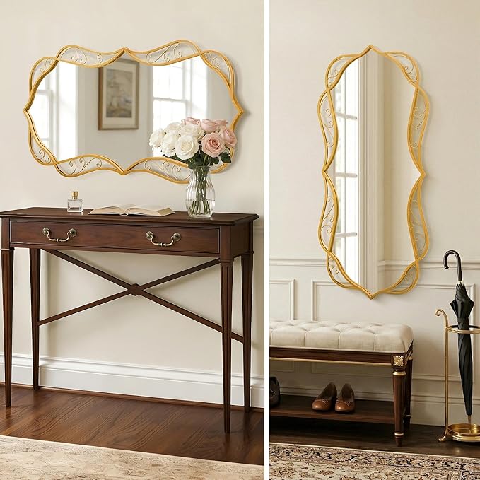 Besdomus Gold Bathroom Large Mirror: 24"x48" Scalloped Modern Large Vanity Mirror for Wall - Farmhouse Decorative Vertical or Horizontal Hanging - Wall Decor for Bathroom/Fireplace/Bedroom/Living Room