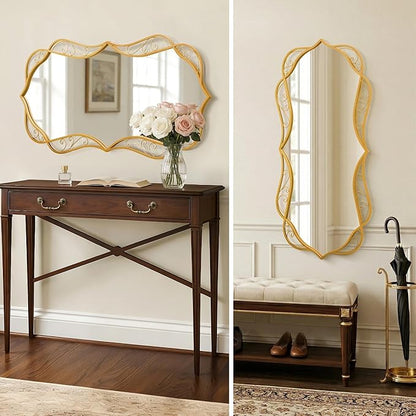 Besdomus Gold Bathroom Large Mirror: 24"x48" Scalloped Modern Large Vanity Mirror for Wall - Farmhouse Decorative Vertical or Horizontal Hanging - Wall Decor for Bathroom/Fireplace/Bedroom/Living Room