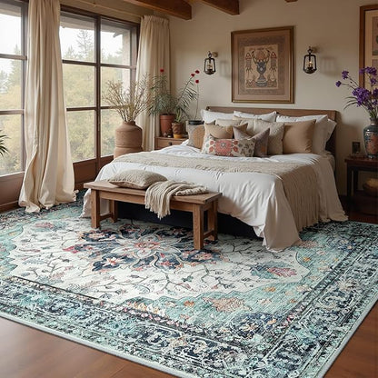 RELEANY Area Rugs 9'x12' Washable Non-Slip, Floral Vintage Distress Print Pattern Medallion Carpet for Living Room Bedroom Dining Room, Green Navy Blue White Red Teal Colorful