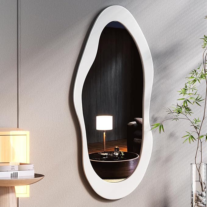 55"x 24" Irregular Wavy Full Length Mirror White Wooden Framed Full Body Mirror Irregular Wall Mirrors Hanging for Bedroom Living Room Cloakroom