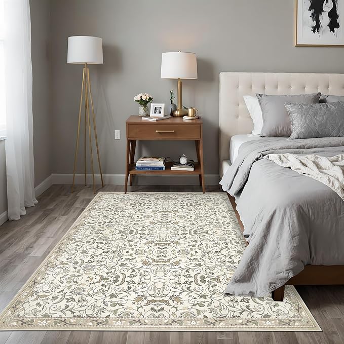 3×5 Washable Large Area Rugs for Living Room, Floral Soft Rug Non Slip Stain Resistant Carpet for Bedroom Dining Room Kitchen Farmhouse Home Decor，Beige Multi 061