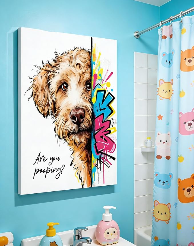 16x24“ Funny Goldendoodle Dog Bathroom Wall Art Painting, "Are You Pooping?" Graffiti Pet Canvas Print, Humorous Restroom Poster Decor for Washroom Bathroom Toilet, Modern Pop Art Dog Lover Gift (Framed)