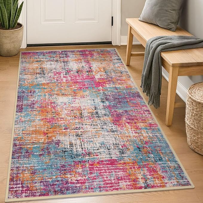 KILOCOCO Abstract Area Rug 3x5 Entryway Rug Washable Kitchen Rugs Non Slip Soft Pinted Entrance Rugs Indoor Mat for Front Door Foyer Farmhouse Living Room Floor Carpet, Pink/Orange/Blue