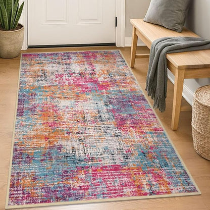 KILOCOCO Abstract Area Rug 3x5 Entryway Rug Washable Kitchen Rugs Non Slip Soft Pinted Entrance Rugs Indoor Mat for Front Door Foyer Farmhouse Living Room Floor Carpet, Pink/Orange/Blue
