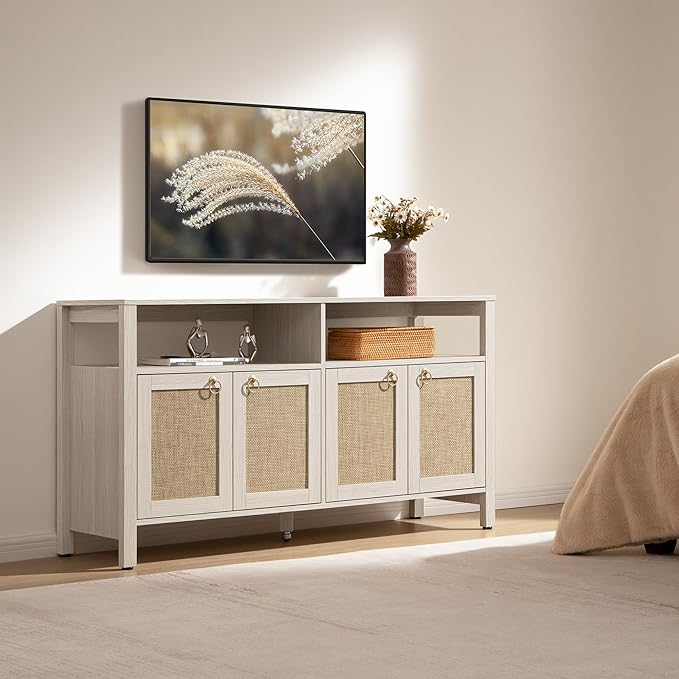 SICOTAS Rattan TV Stand for Television up to 65 Inch - 29.5" Tall Entertainment Center with Storage and Open Shelves,Boho Credenza TV Console Cabinet with 4-Doors and Adjustable Shelf for Living Room