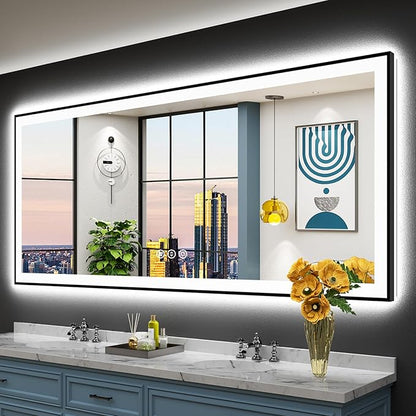 84x32 Black Framed LED Bathroom Mirror with Lights, Backlit and Front Lit Anti-Fog Lighted Vanity Mirrors for Bathroom Wall, Dimmable, 3 Colors, Memory, HD Tempered Glass, Horizontal/Vertical