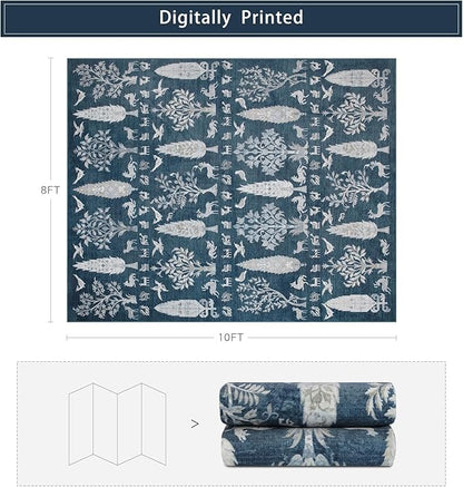 Srugn Washable Rugs 8x10 Area Rugs for Living Room,Bedroom,Dining Room- Large Ultra Soft Faux Wool Retro Carpet,Non Slip&Non-Shedding Low Pile Vintage Print Rug for Home Office Dorm Playroom-Blue